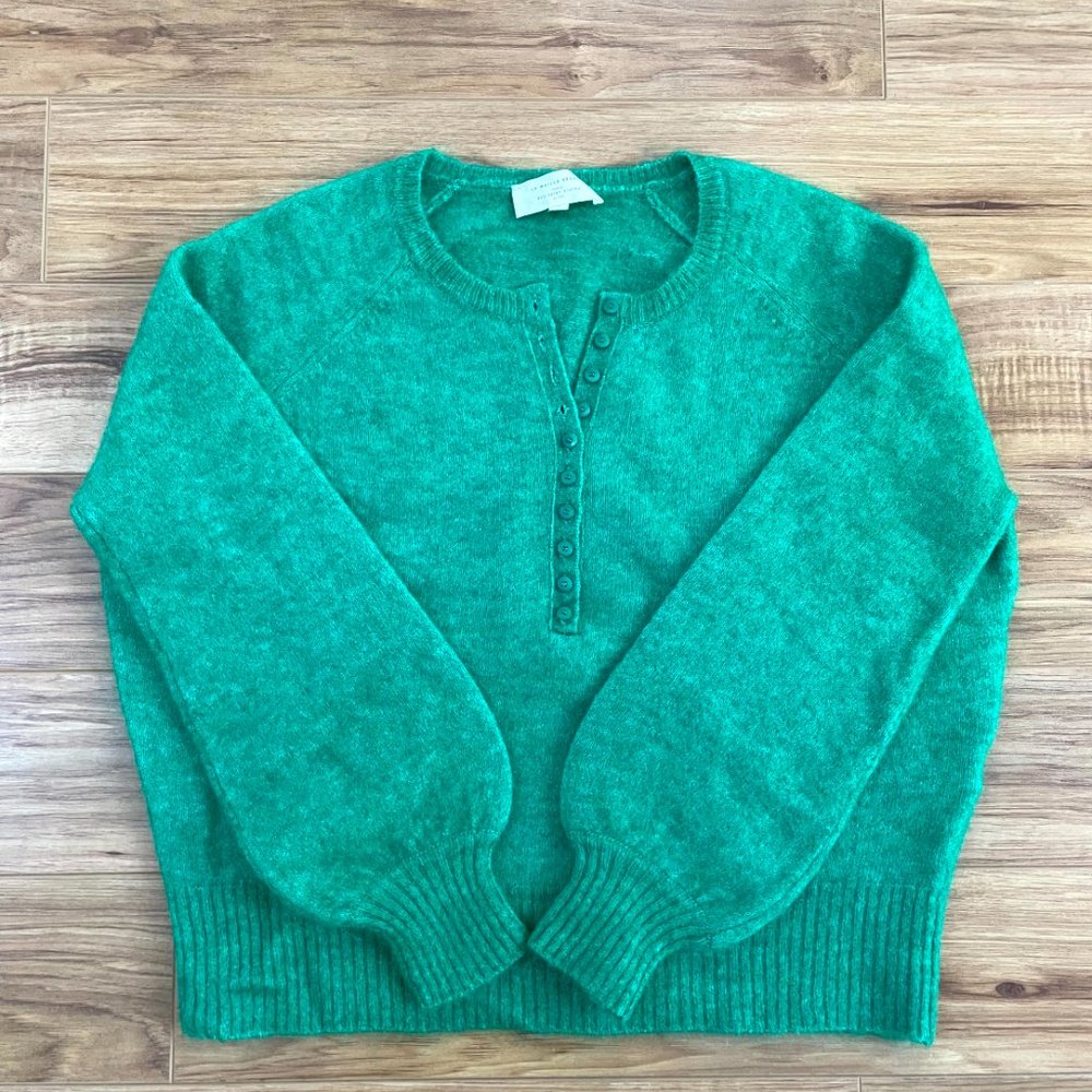 Sezane Green Crewneck Button-Front Sweater